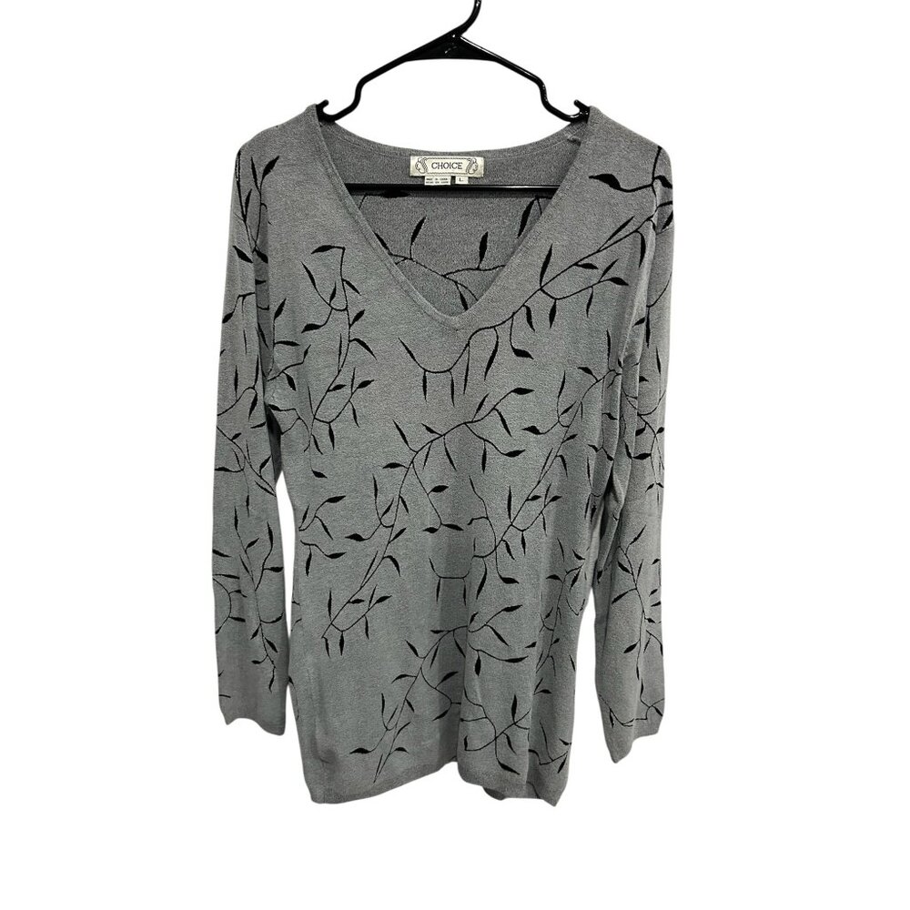 Choice Womens Gray V-Neck Sweater Leaf Pattern Long Sleeve Size Large Minimalist